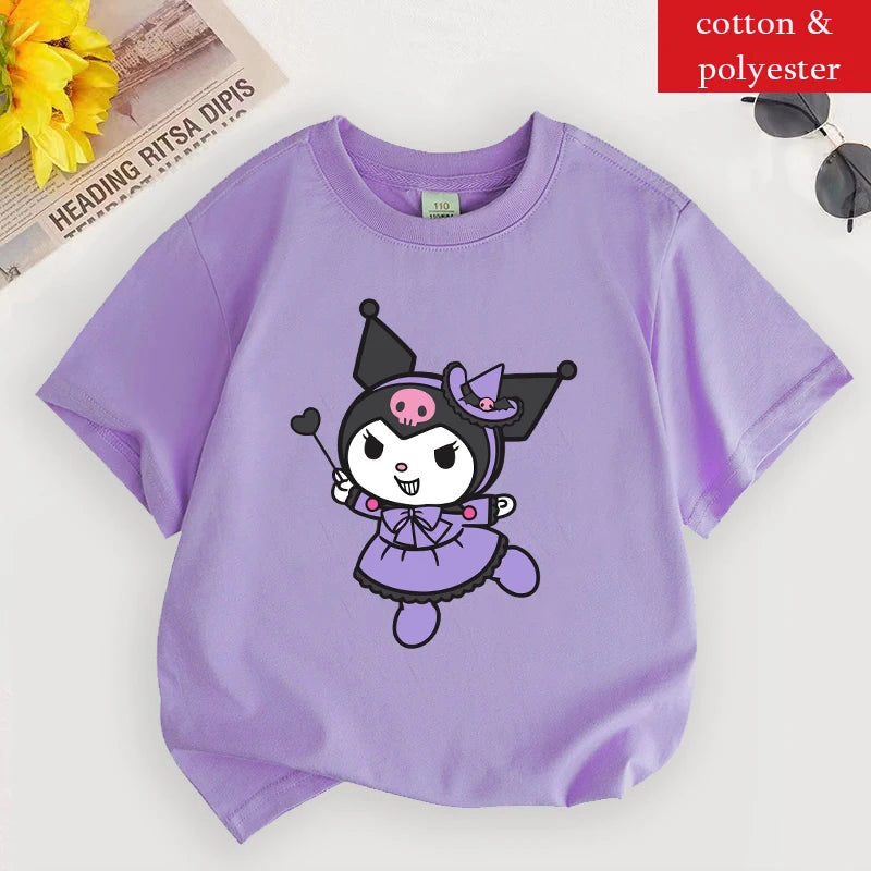 Kuromi T Shirt for Girl Sanrios Cartoon Children Clothes Korean Purple Kids T Shirt Short Sleeve Summer Casual Toddler Tee Tops