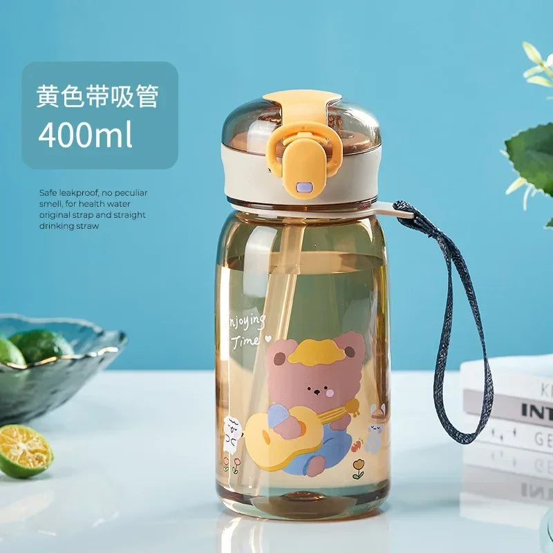 3Sizes Kids Cartoon Water Bottles Leakproof Water Sippy Cup with Straw and Strap Portable Drinking Bottle for Children School