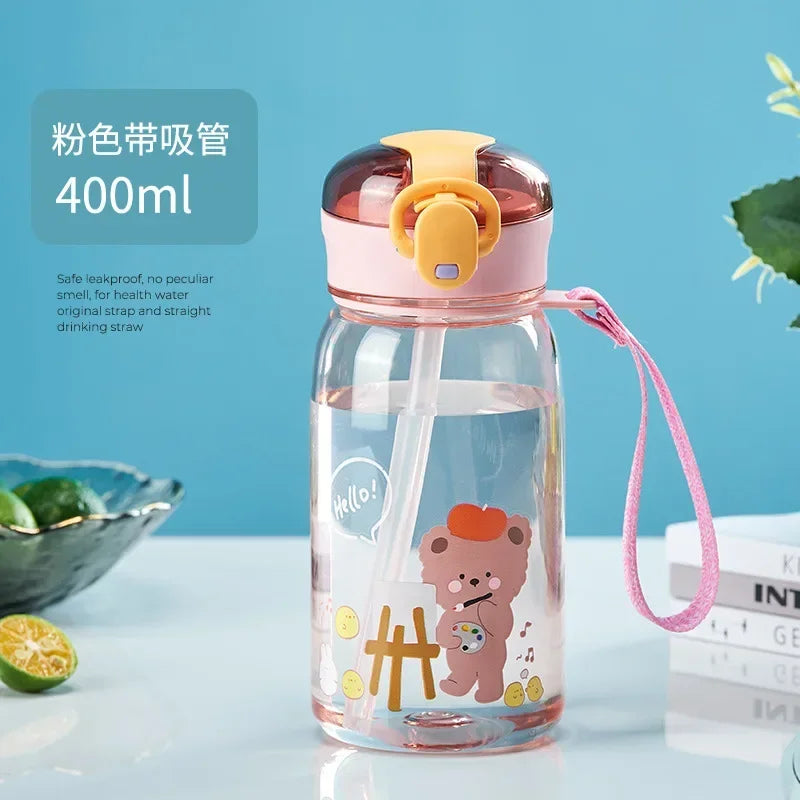 3Sizes Kids Cartoon Water Bottles Leakproof Water Sippy Cup with Straw and Strap Portable Drinking Bottle for Children School