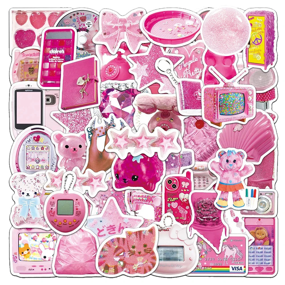 10/30/50pcs Cool Pink Y2K Kawaii Girls Stickers Aesthetic Cartoon Decoration Decals DIY Laptop Phone Graffiti Kids Sticker Toys
