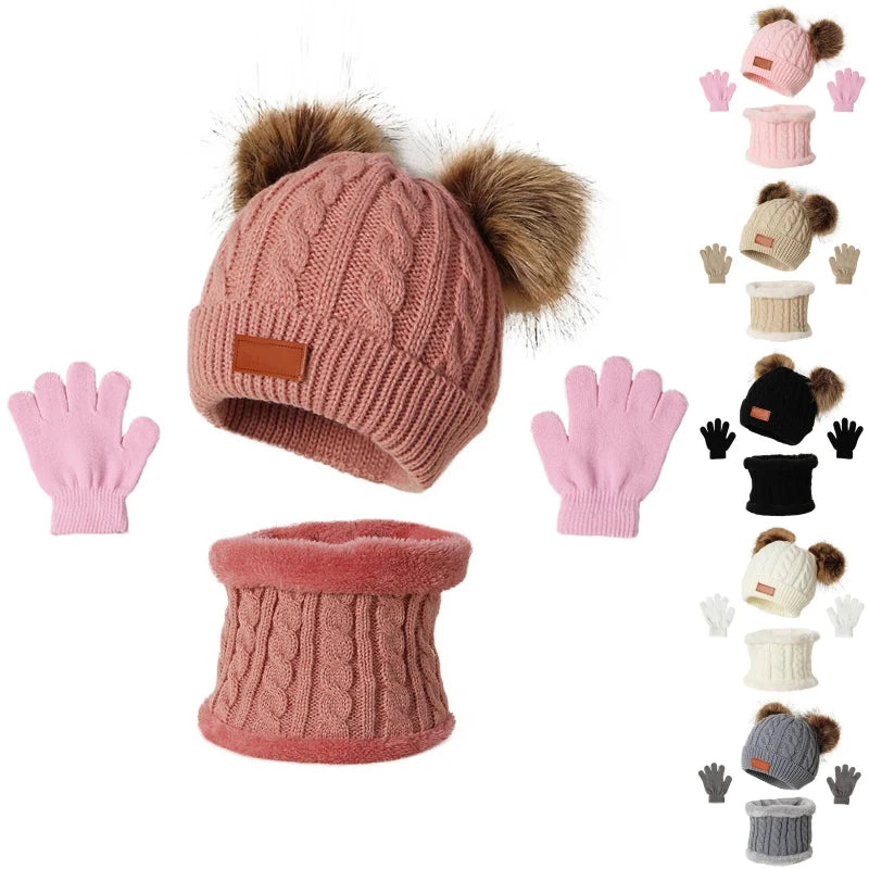 3pcs 2025 New Winter Toddler Kids Warm Knitted Pompom Hat Winter Solid Cap Scarf Glove Child Winter Warm Set Gifts For Kids