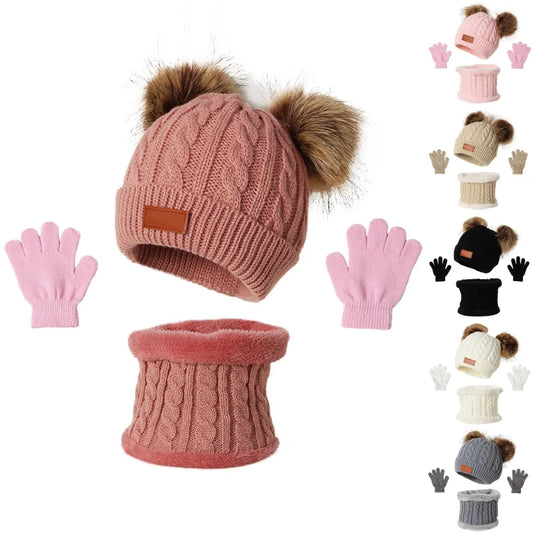 3pcs 2025 New Winter Toddler Kids Warm Knitted Pompom Hat Winter Solid Cap Scarf Glove Child Winter Warm Set Gifts For Kids