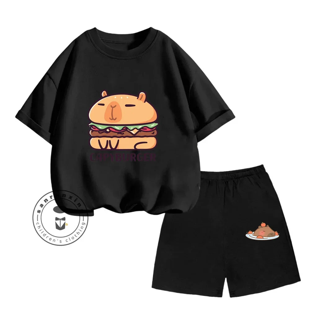 Sanrio Kids Summer T-shirt Cute Capybara Print Cotton Short Sleeve/Shorts Fashion Set for Boys and Girls