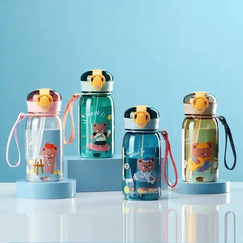 3Sizes Kids Cartoon Water Bottles Leakproof Water Sippy Cup with Straw and Strap Portable Drinking Bottle for Children School