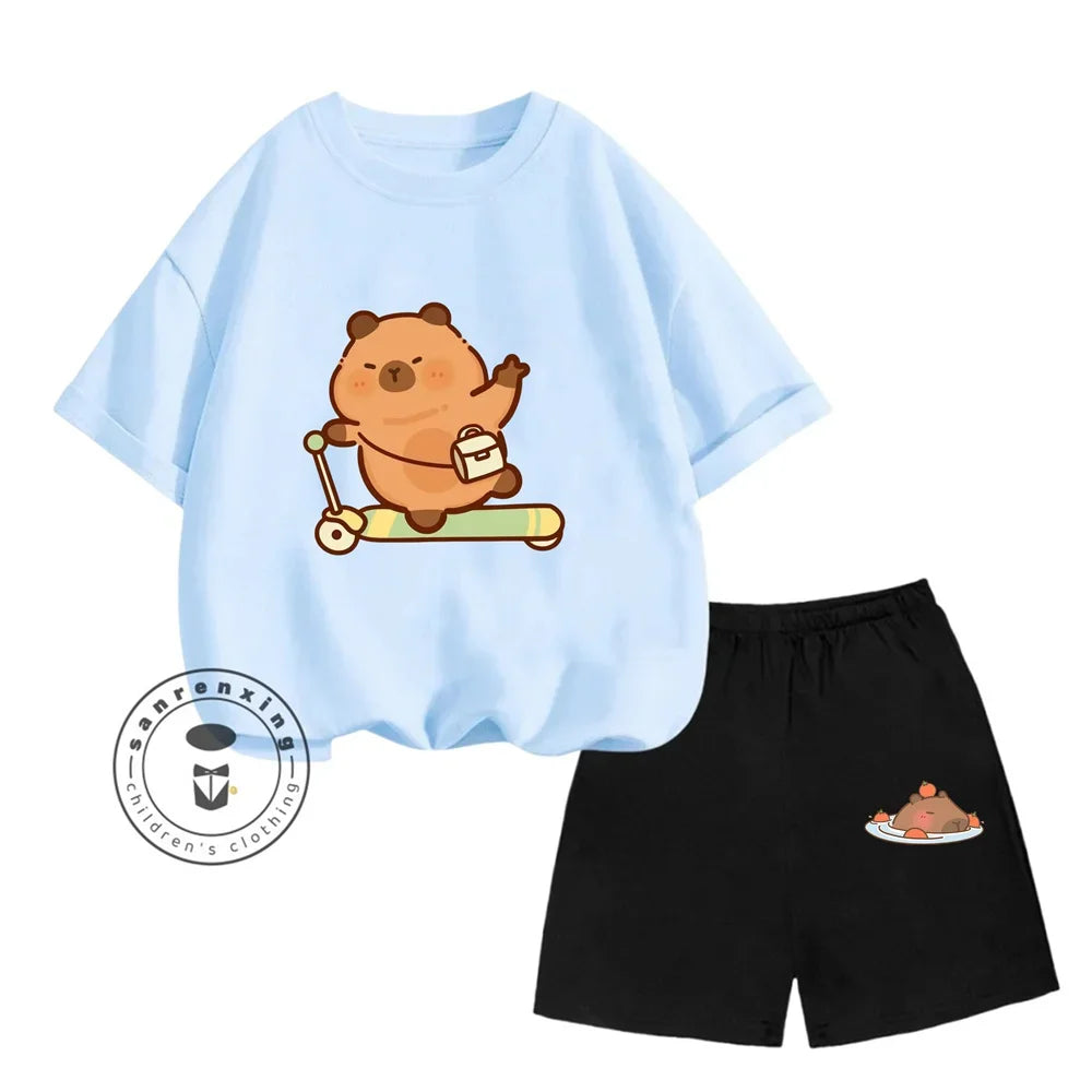 Sanrio Kids Summer T-shirt Cute Capybara Print Cotton Short Sleeve/Shorts Fashion Set for Boys and Girls
