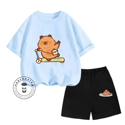 Sanrio Kids Summer T-shirt Cute Capybara Print Cotton Short Sleeve/Shorts Fashion Set for Boys and Girls