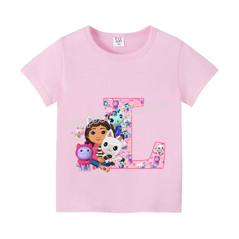 New Gabby Dollhouse T-shirt for Child A-Z Letters Tee Fashion Tops Cute Cartoon Girl Clothes Anime Kids Summer Short Sleeve Gift