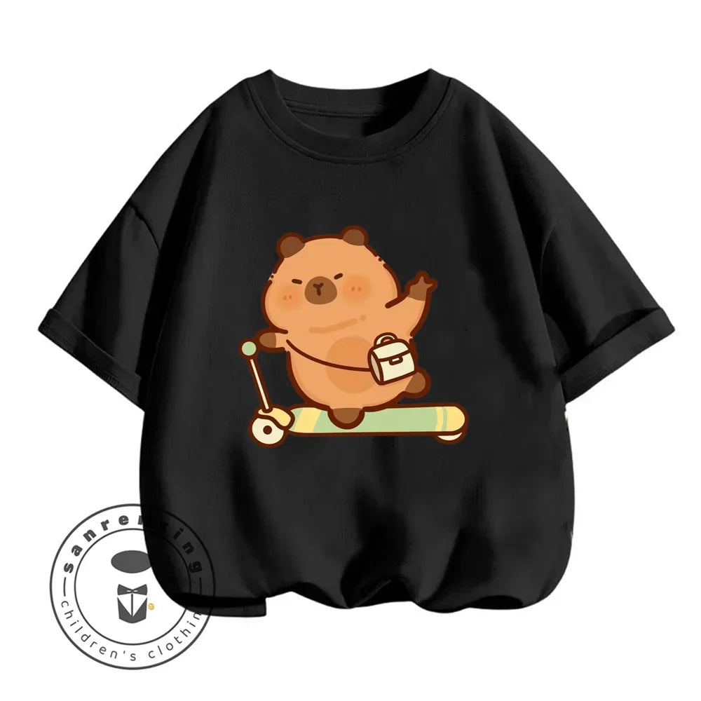 Sanrio Kids Summer T-shirt Cute Capybara Print Cotton Short Sleeve/Shorts Fashion Set for Boys and Girls
