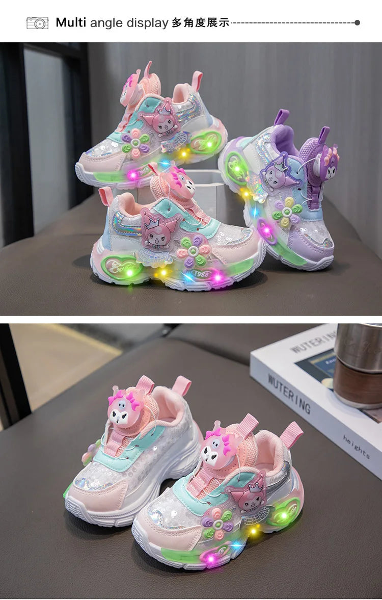 Kuromi LED Shoes Sanrio Kids Luminous Shoes Kawaii Kuromi Tennis Shoes Girls Casual Sneakers Lighted Rotating Button Shoes