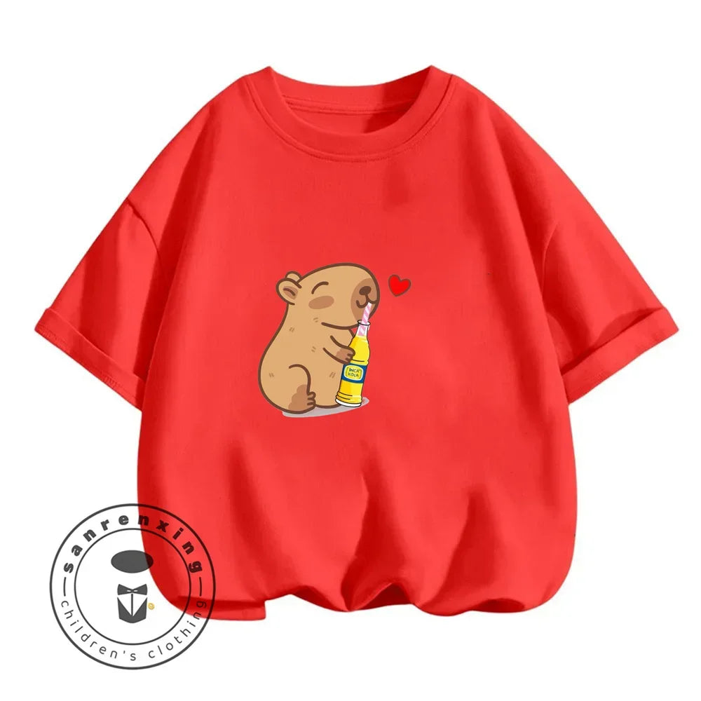 Sanrio Kids Summer T-shirt Cute Capybara Print Cotton Short Sleeve/Shorts Fashion Set for Boys and Girls