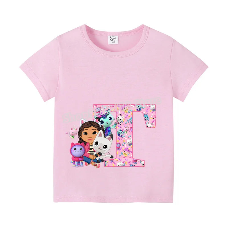 New Gabby Dollhouse T-shirt for Child A-Z Letters Tee Fashion Tops Cute Cartoon Girl Clothes Anime Kids Summer Short Sleeve Gift