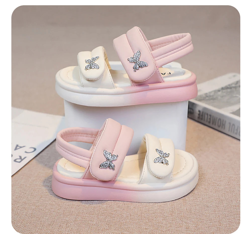 Korean Style Princess Sandals For Girls Rhinestone Butterfly Teenager Girl's Sandals Trend Fashion Teenager Beach Sandals Kids