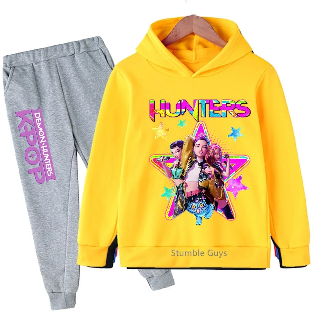 Kpop Demon Hunters Hoodie Set Kids Boys Girls Sportswear 3-12Y Autumn Anime Clothes
