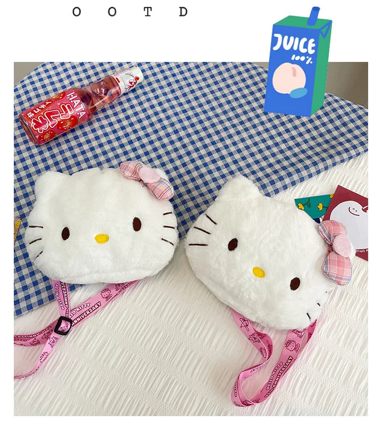 Miniso Cute Cartoon Hello Kitty Bow Crossbody Bag For Women Kawaii Fashion Plush White Kt Cat Shoulder Bag For Girls Kids Gifts