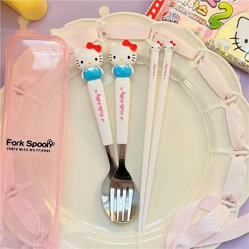 Sanrio Kuromi Hello Kitty Melody Kids Chopsticks Spoon Fork Set Cinnamoroll Stainless Steel Cutlery Set Students Gifts Tableware