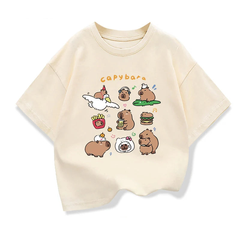 Cute Capibara Printed Cartoon T Shirt For Kids 2025 New Children's Summer Clothes Loose Short Sleeve T-shirts Kids Cotton Tee