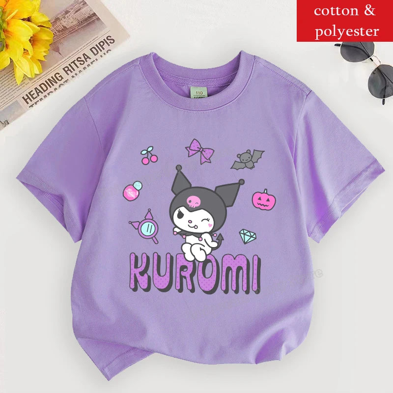 Kuromi T Shirt for Girl Sanrios Cartoon Children Clothes Korean Purple Kids T Shirt Short Sleeve Summer Casual Toddler Tee Tops