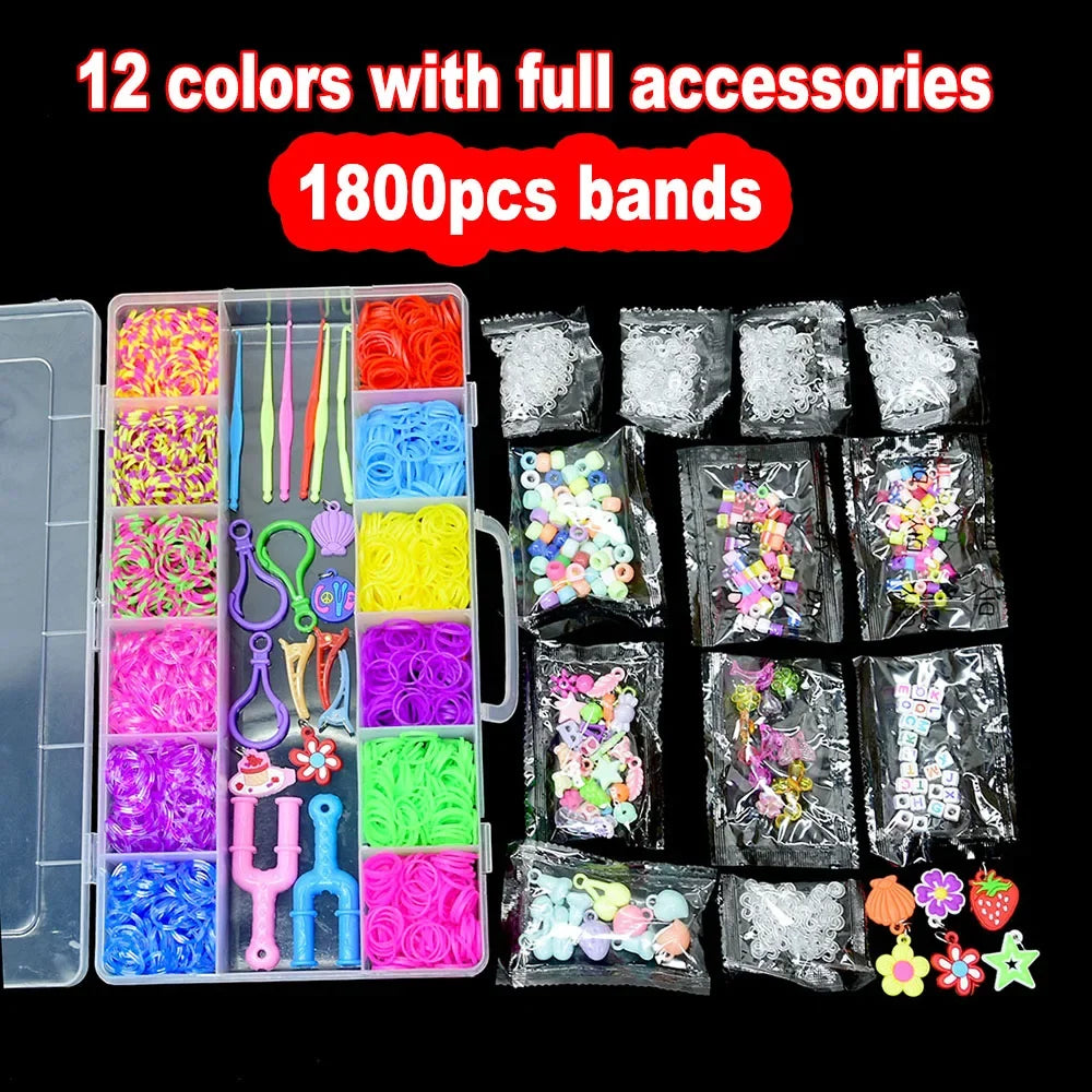 1800pcs Colorful Rubber Loom Bands Elastic DIY Set Box Girls Gift Weaving Bracelet Tool Kit Kids Toys for Children 7 8 10 Years