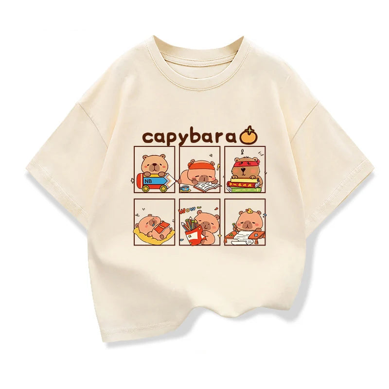 Cute Capibara Printed Cartoon T Shirt For Kids 2025 New Children's Summer Clothes Loose Short Sleeve T-shirts Kids Cotton Tee