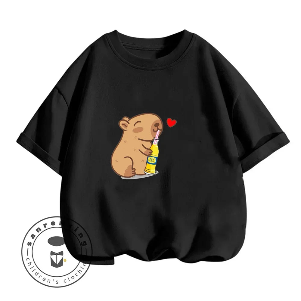 Sanrio Kids Summer T-shirt Cute Capybara Print Cotton Short Sleeve/Shorts Fashion Set for Boys and Girls