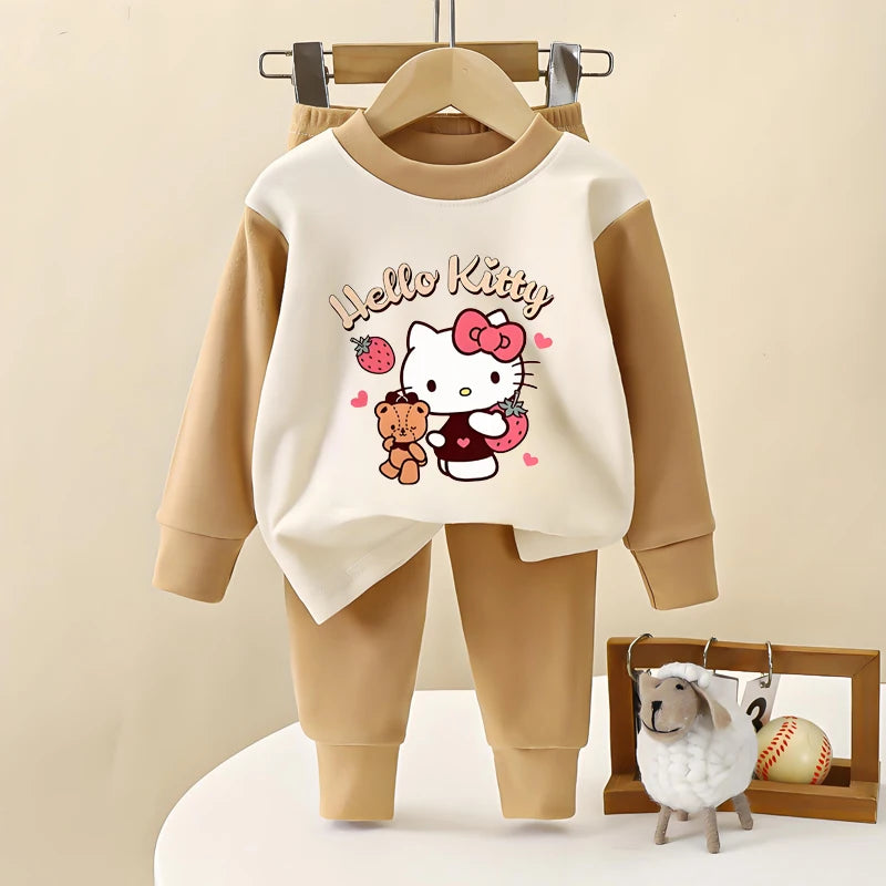 Sanrio Autumn Hello Kitty Printed Children Long Sleeve Pajamas Sets Soft Girls Home Clothes Suit Kids Casual Sleepwear Set