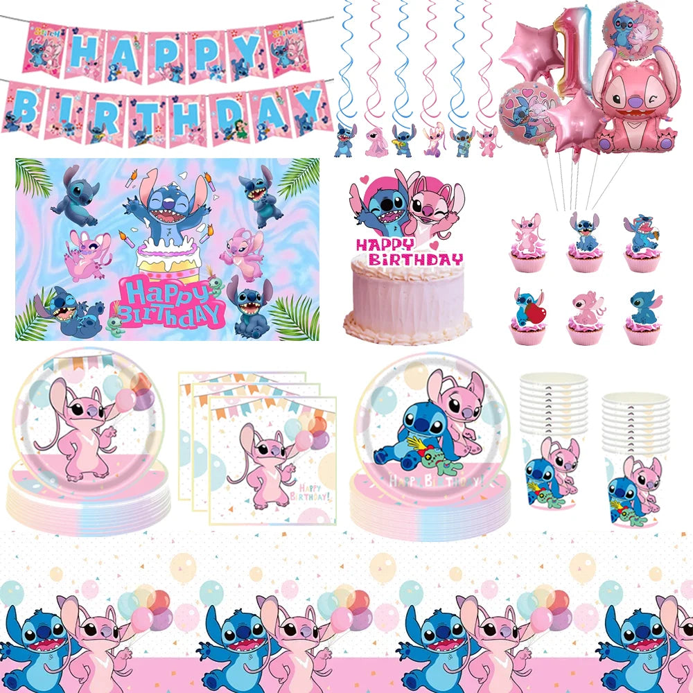 Pink Lilo and Stitch Angel Birthday Supplies Dishes Cup Plate Tablecloth Balloon Banner Girls Party Baby Shower Decorations