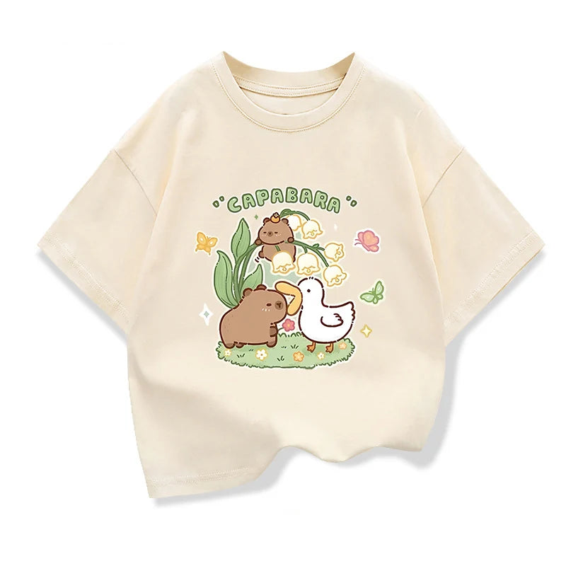 Cute Capibara Printed Cartoon T Shirt For Kids 2025 New Children's Summer Clothes Loose Short Sleeve T-shirts Kids Cotton Tee
