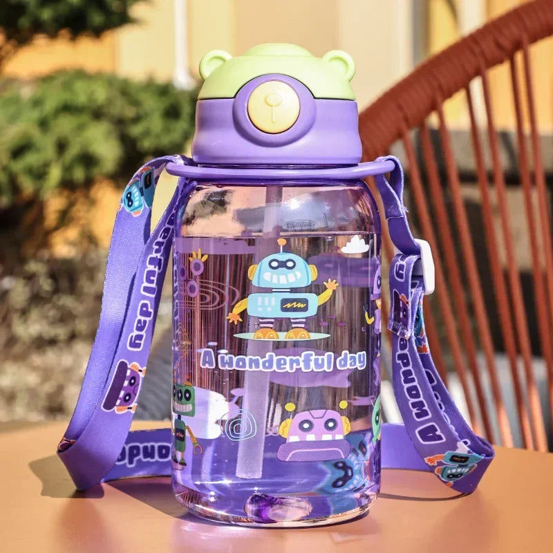 3Sizes Kids Cartoon Water Bottles Leakproof Water Sippy Cup with Straw and Strap Portable Drinking Bottle for Children School