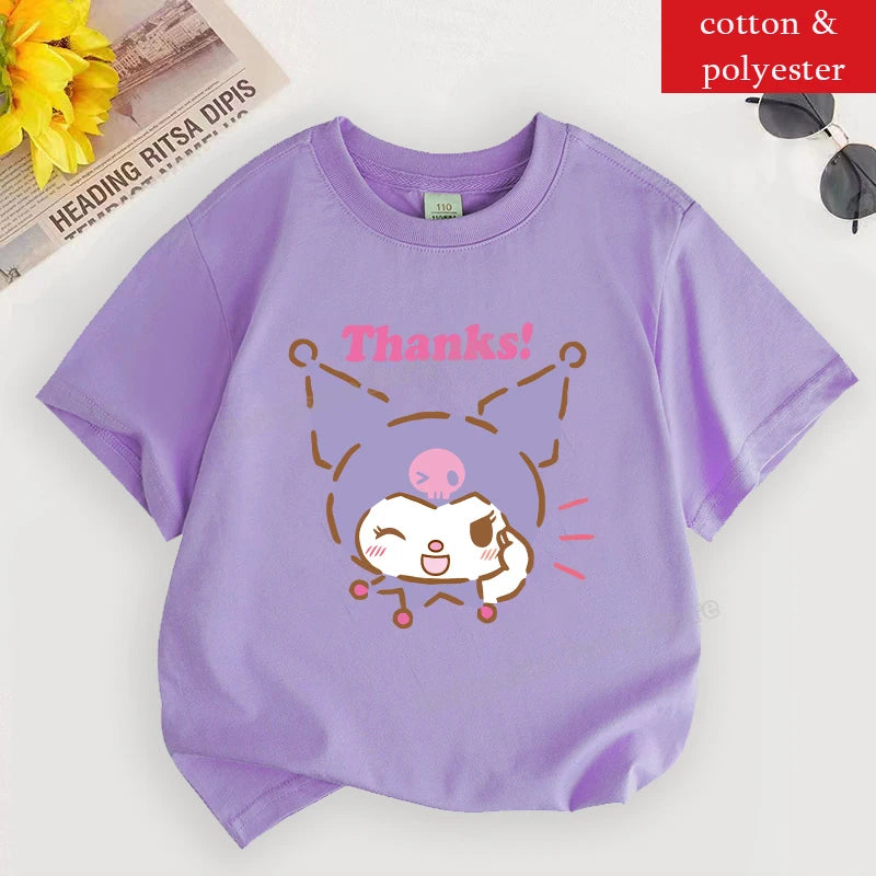 Kuromi T Shirt for Girl Sanrios Cartoon Children Clothes Korean Purple Kids T Shirt Short Sleeve Summer Casual Toddler Tee Tops
