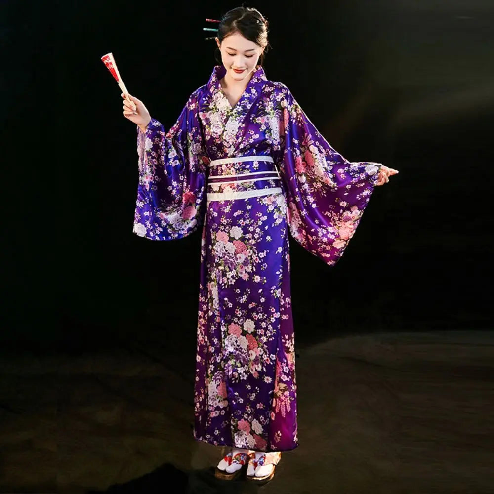 Cosplay Costume Traditional Japanese Kimono Japanese Style Printed Floral Sakura Girl Kimono Dress Asian Elegance