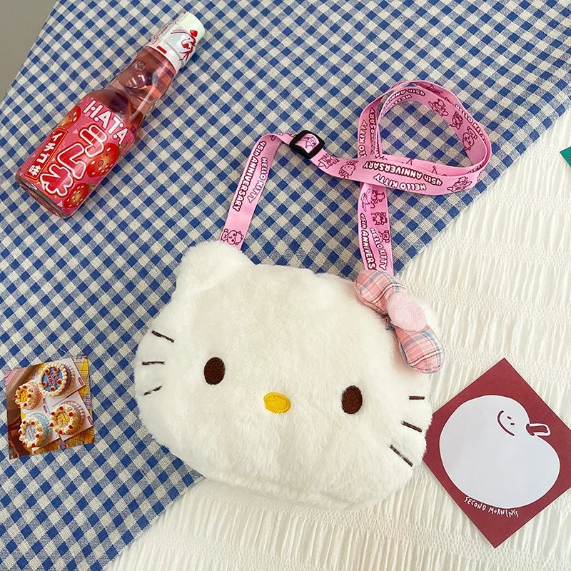 Miniso Cute Cartoon Hello Kitty Bow Crossbody Bag For Women Kawaii Fashion Plush White Kt Cat Shoulder Bag For Girls Kids Gifts
