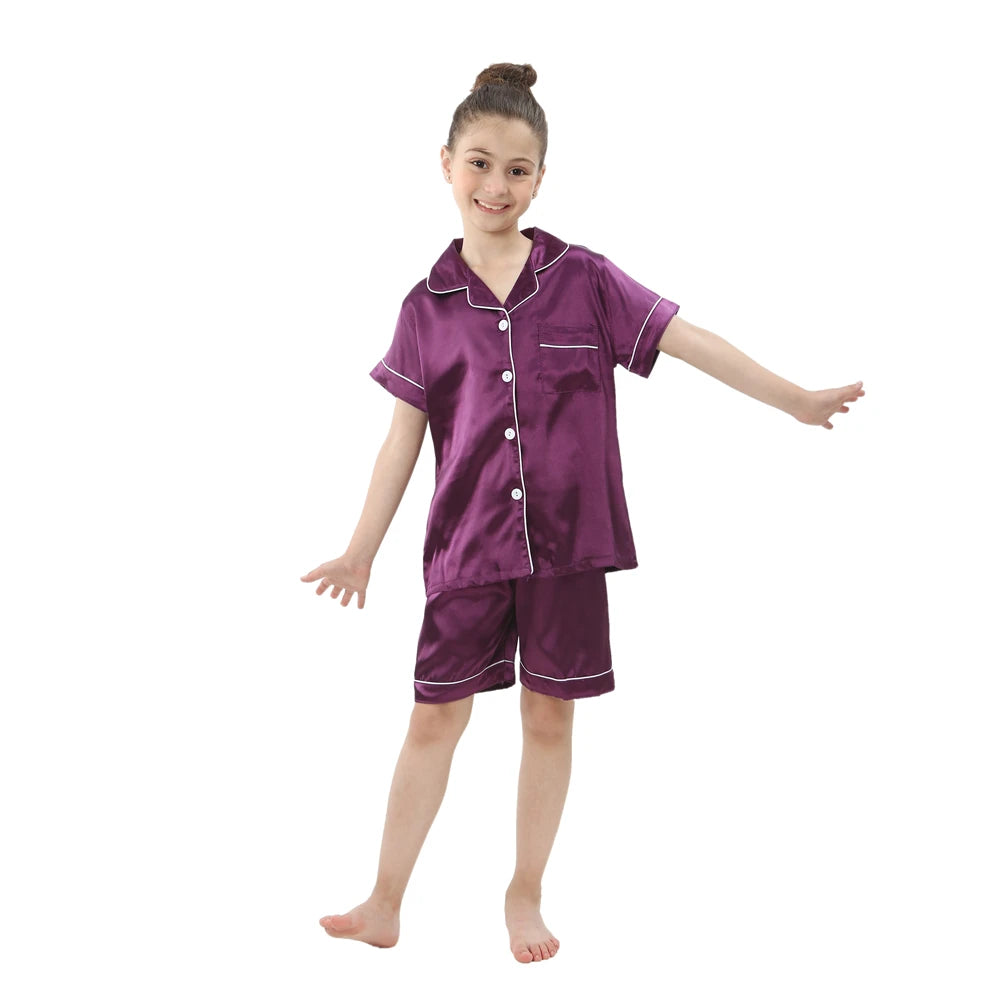 Summer Short Sleeve Kids Pajamas Sets Satin Silk Button Down Loungewear Girls Sleepwear Boys Clothing Sets Children Pyjamas Pjs