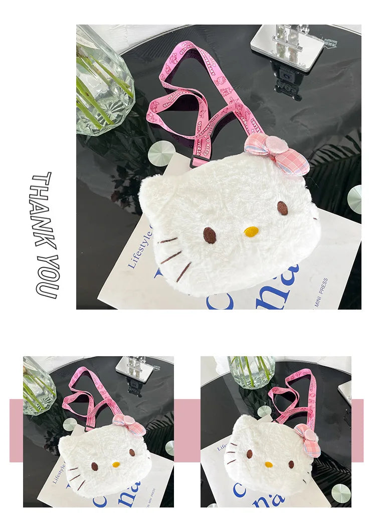 Miniso Cute Cartoon Hello Kitty Bow Crossbody Bag For Women Kawaii Fashion Plush White Kt Cat Shoulder Bag For Girls Kids Gifts