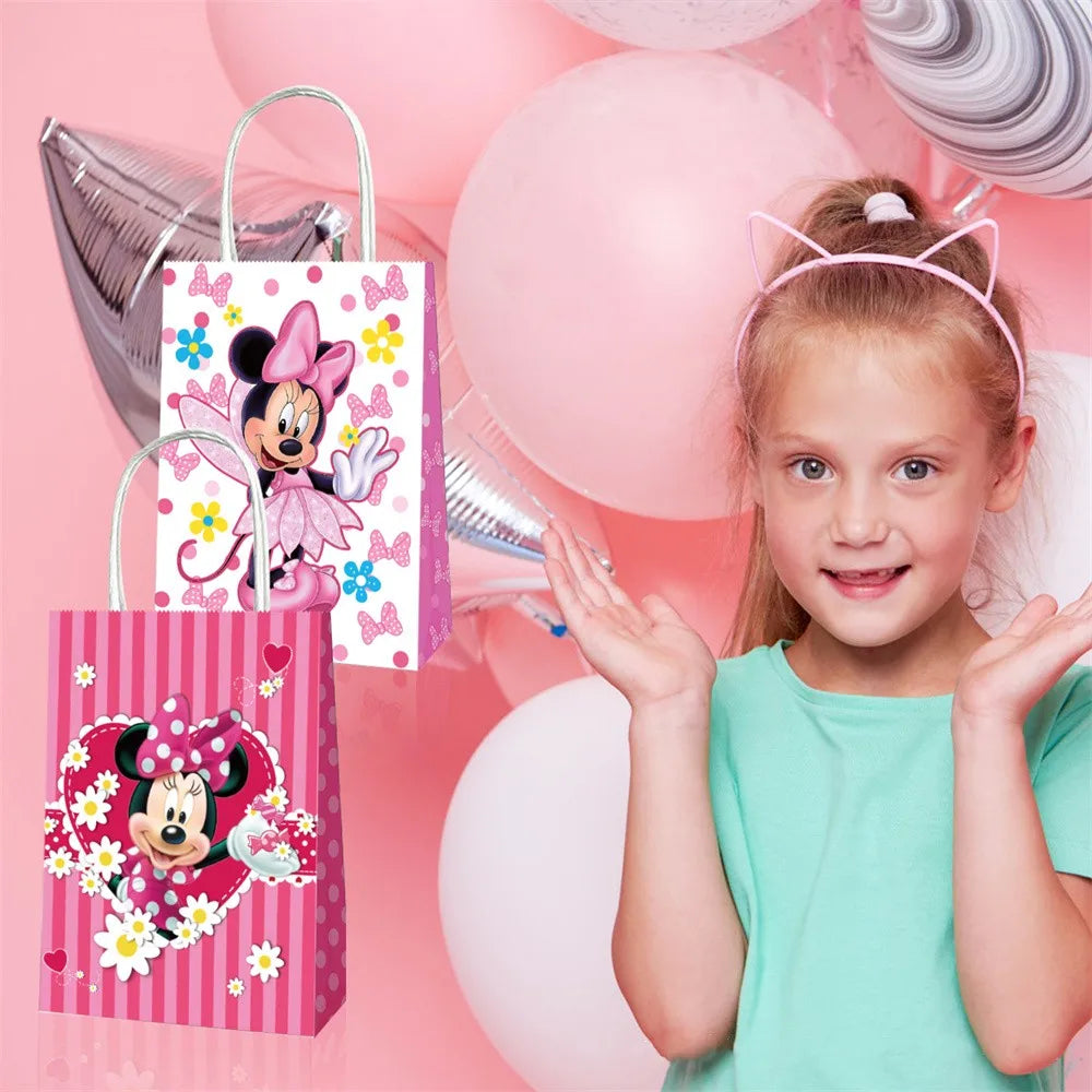 12pcs Pink Minnie Mouse Birthday Party Decorations Handle Gift Bags Sets Paper Candy Pocket Baby Shower Kids Girl Party Supplies