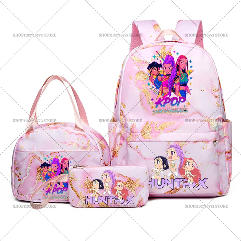 3pcs Movie Kpop Demon Hunters Backpack Lunch Bag Pencil Case Set Student Anime Fashion Schoolbag Pen Case Bento Pouch Suit Gifts
