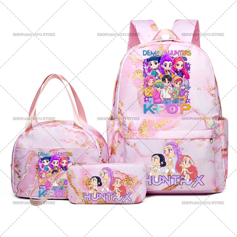 3pcs Movie Kpop Demon Hunters Backpack Lunch Bag Pencil Case Set Student Anime Fashion Schoolbag Pen Case Bento Pouch Suit Gifts