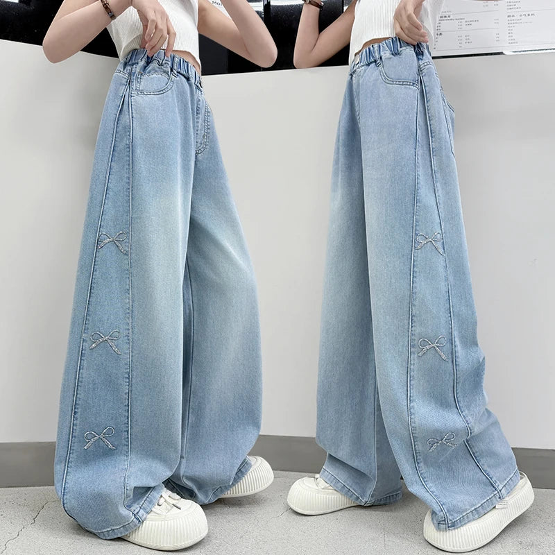 Jeans for Girls Fashion Clothes for Teenagers Solid Loose Kids Wide Leg Pants with Butterfly Children Denim Trousers Age 5-14T