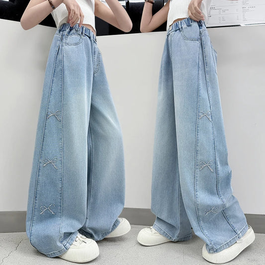 Jeans for Girls Fashion Clothes for Teenagers Solid Loose Kids Wide Leg Pants with Butterfly Children Denim Trousers Age 5-14T