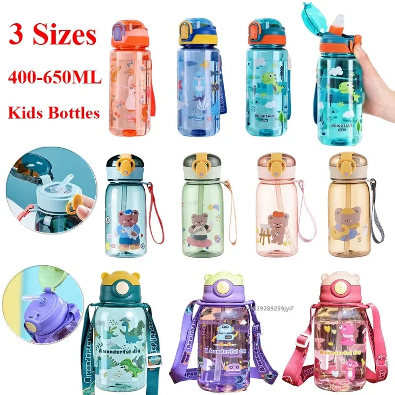 3Sizes Kids Cartoon Water Bottles Leakproof Water Sippy Cup with Straw and Strap Portable Drinking Bottle for Children School