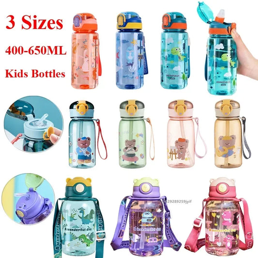 3Sizes Kids Cartoon Water Bottles Leakproof Water Sippy Cup with Straw and Strap Portable Drinking Bottle for Children School