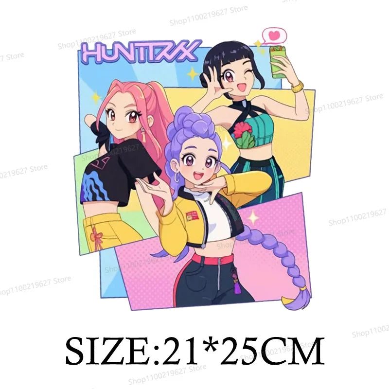 Kpop Demon Hunters Cartoon Patches for Clothes Vynil Heat Transfer Thermal Stickers DIY Kids T shirt Iron on for Women Appliqued