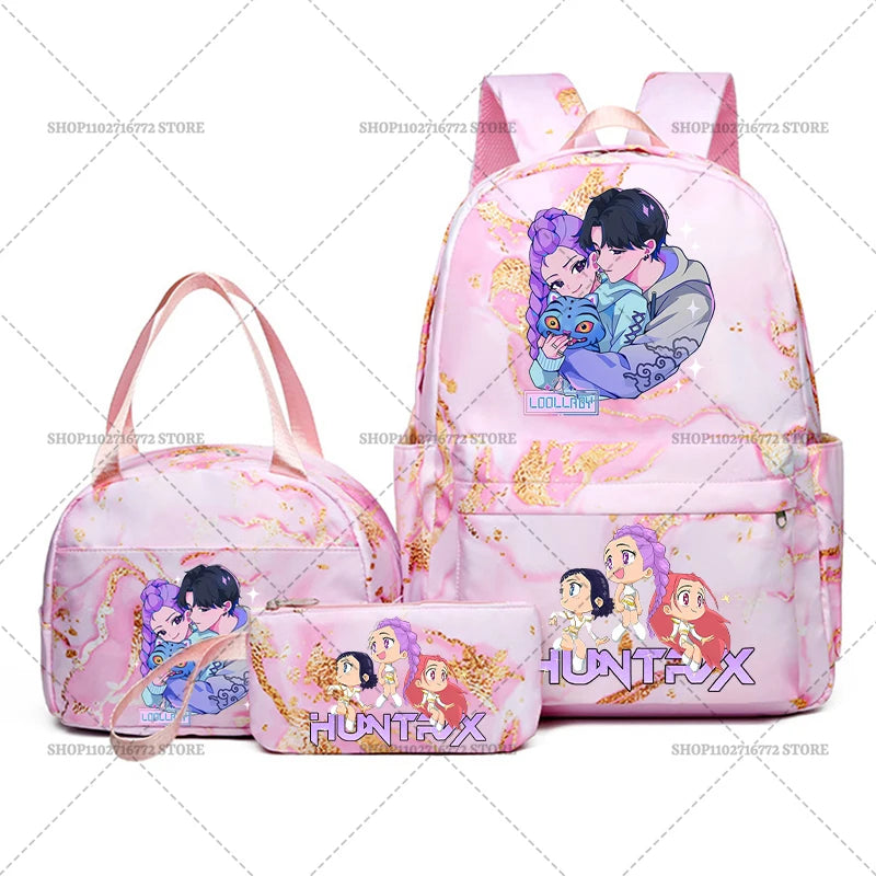 3pcs Movie Kpop Demon Hunters Backpack Lunch Bag Pencil Case Set Student Anime Fashion Schoolbag Pen Case Bento Pouch Suit Gifts