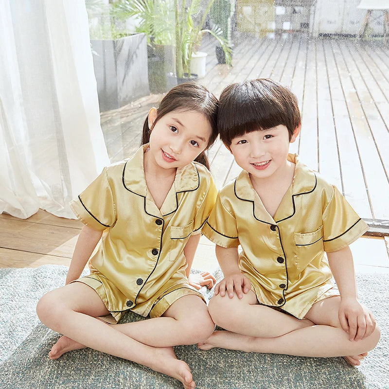 Summer Short Sleeve Kids Pajamas Sets Satin Silk Button Down Loungewear Girls Sleepwear Boys Clothing Sets Children Pyjamas Pjs
