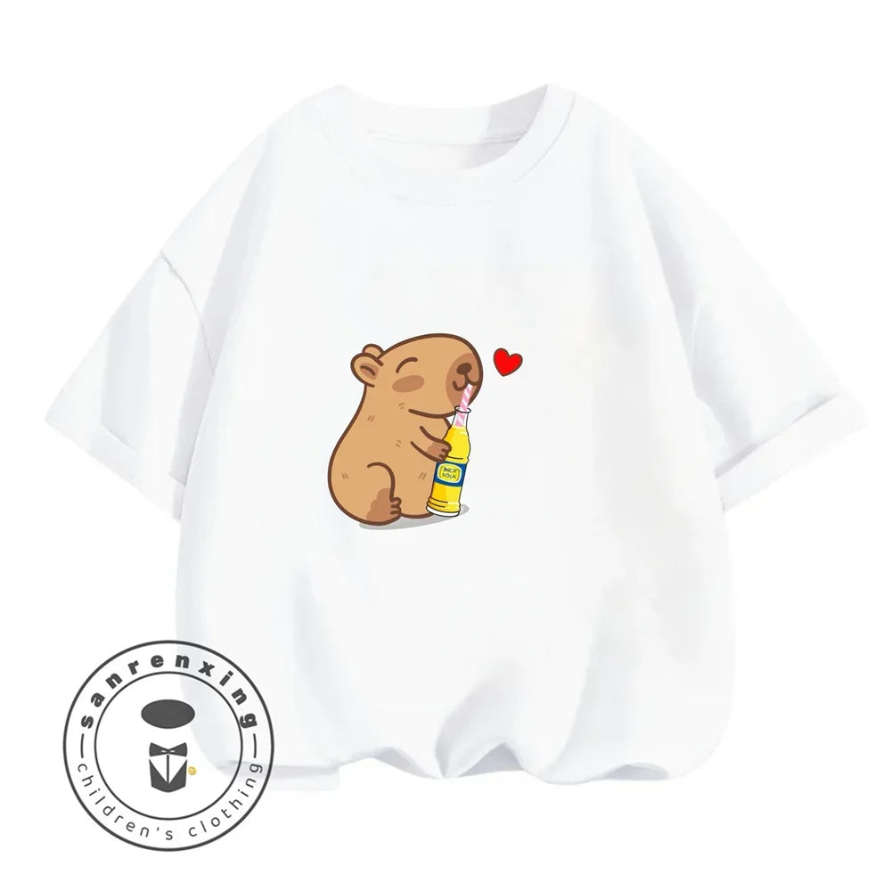 Sanrio Kids Summer T-shirt Cute Capybara Print Cotton Short Sleeve/Shorts Fashion Set for Boys and Girls