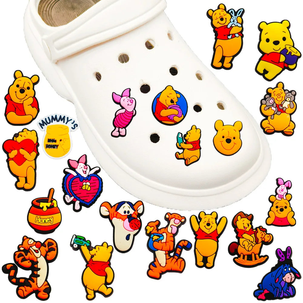 20pcs Hot Toys Disney Cartoon Winnie Pooh Shoe Charms for Shoes Decoration Accessories Classic Clog Sandal Buckle Kids Gifts
