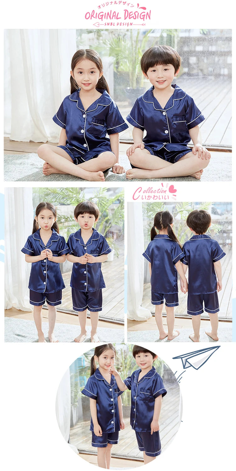 Summer Short Sleeve Kids Pajamas Sets Satin Silk Button Down Loungewear Girls Sleepwear Boys Clothing Sets Children Pyjamas Pjs