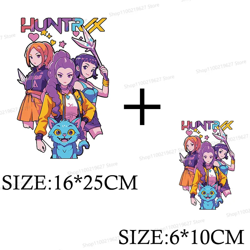 Kpop Demon Hunters Cartoon Patches for Clothes Vynil Heat Transfer Thermal Stickers DIY Kids T shirt Iron on for Women Appliqued