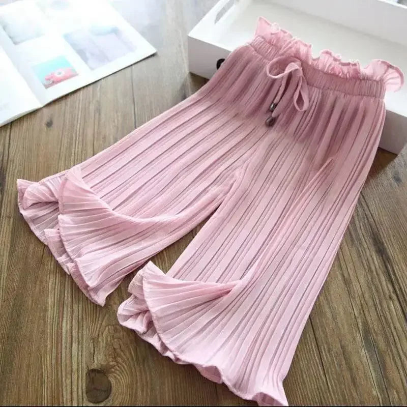 Childen's Girls Summer Ice Silk Wide Leg Pants Baby Fashion Lace Chiffon Waist Flare Trousers Kids Girl Loose Buttom Clothes