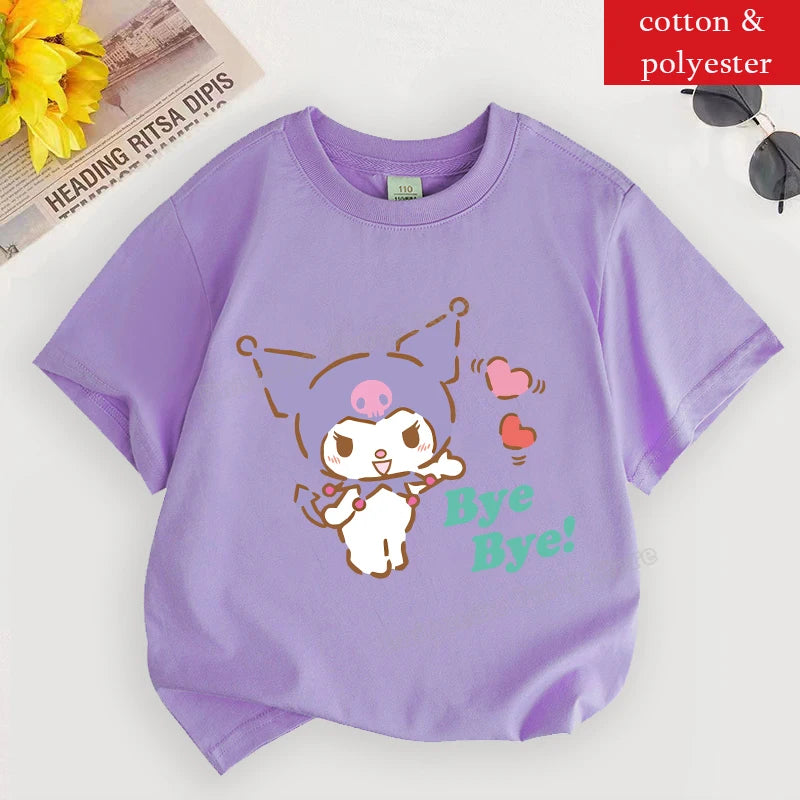 Kuromi T Shirt for Girl Sanrios Cartoon Children Clothes Korean Purple Kids T Shirt Short Sleeve Summer Casual Toddler Tee Tops
