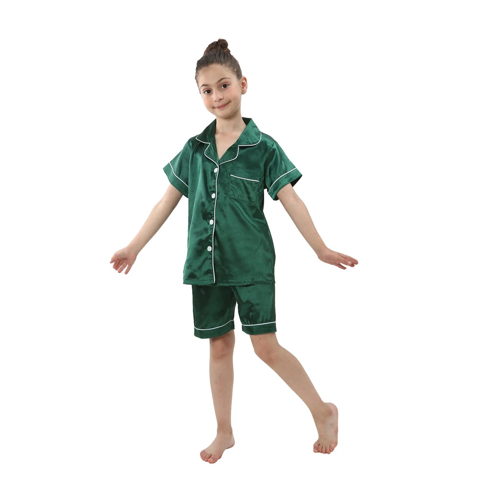 Summer Short Sleeve Kids Pajamas Sets Satin Silk Button Down Loungewear Girls Sleepwear Boys Clothing Sets Children Pyjamas Pjs